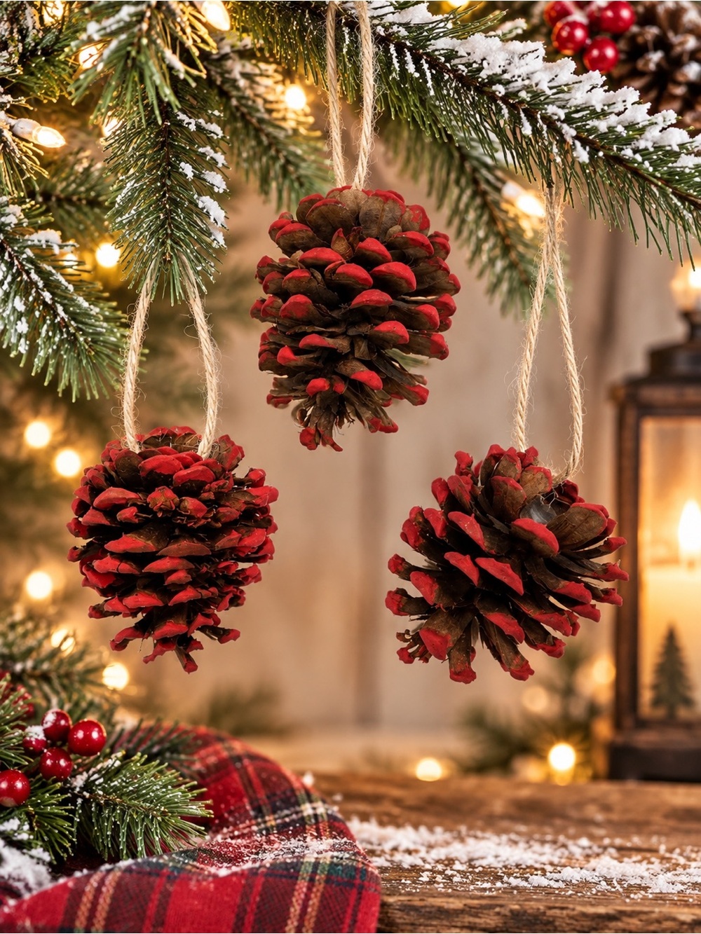 3 Rustic Red Tipped Pinecone Christmas Ornaments Farmhouse Woodland Holiday
